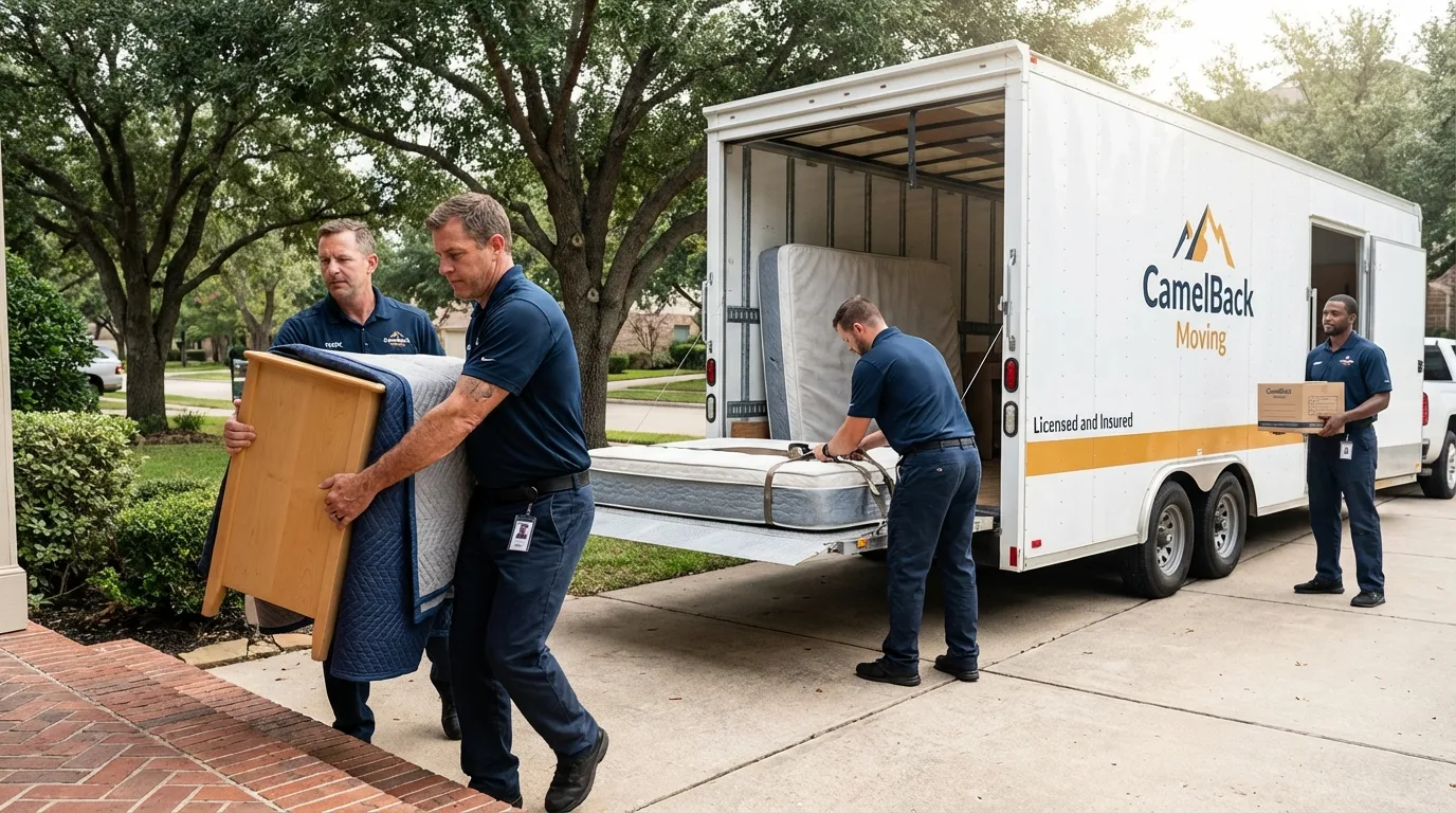 Crew loading residential truck for cross-state move from Calvert, TX