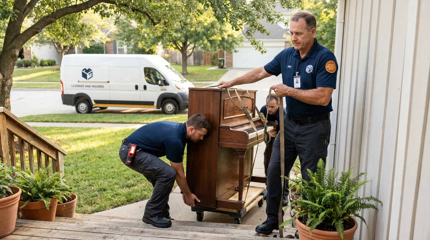 Licensed piano movers securing grand piano in Calvert, TX