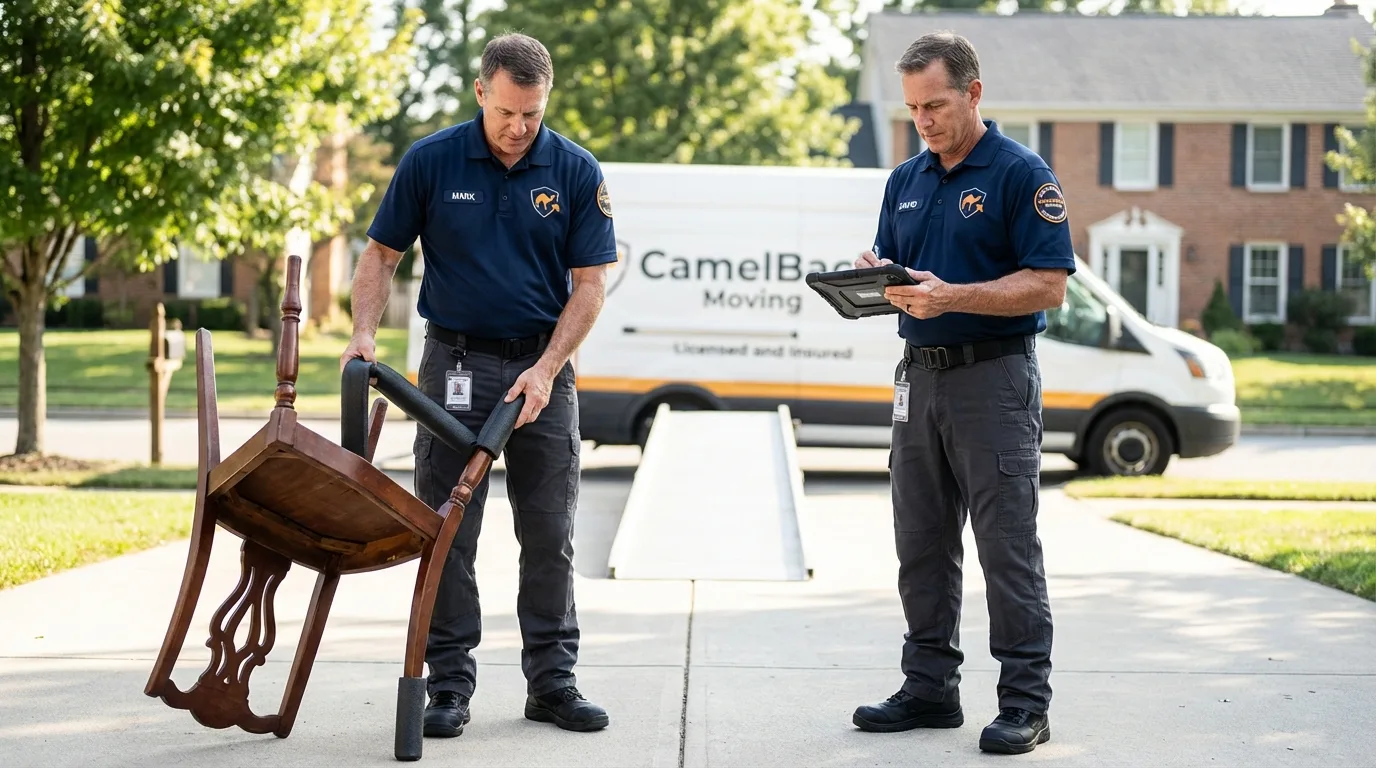 Movers inspecting furniture for damage prevention before loading in Calvert, TX