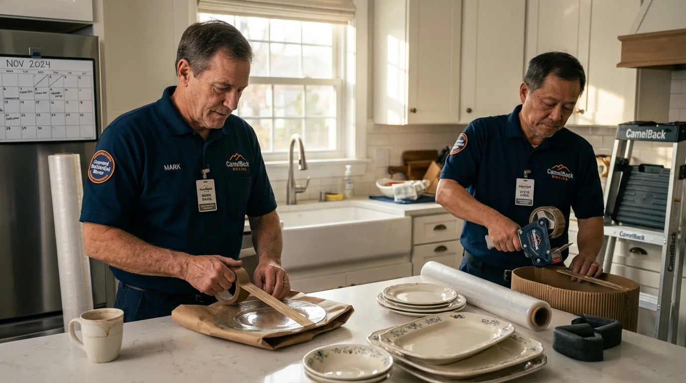 Professional crew packing kitchen dishware in Calvert, TX